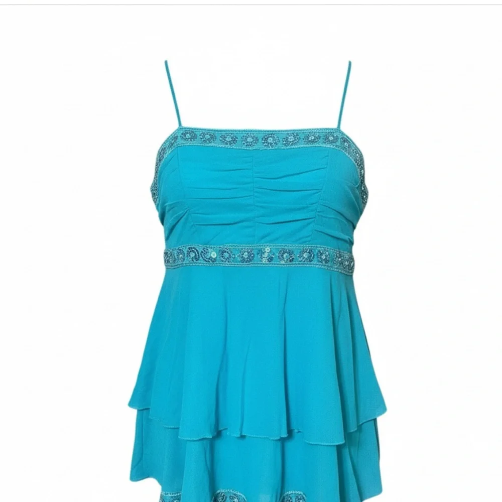 Blue Y2K Sequin Chiffon Cami Babydoll Top Medium - Picture 1 of 6